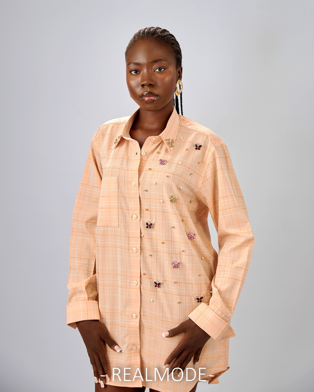 Peach plaid shirt with hand-appliquéd jewel butterflies and pearls